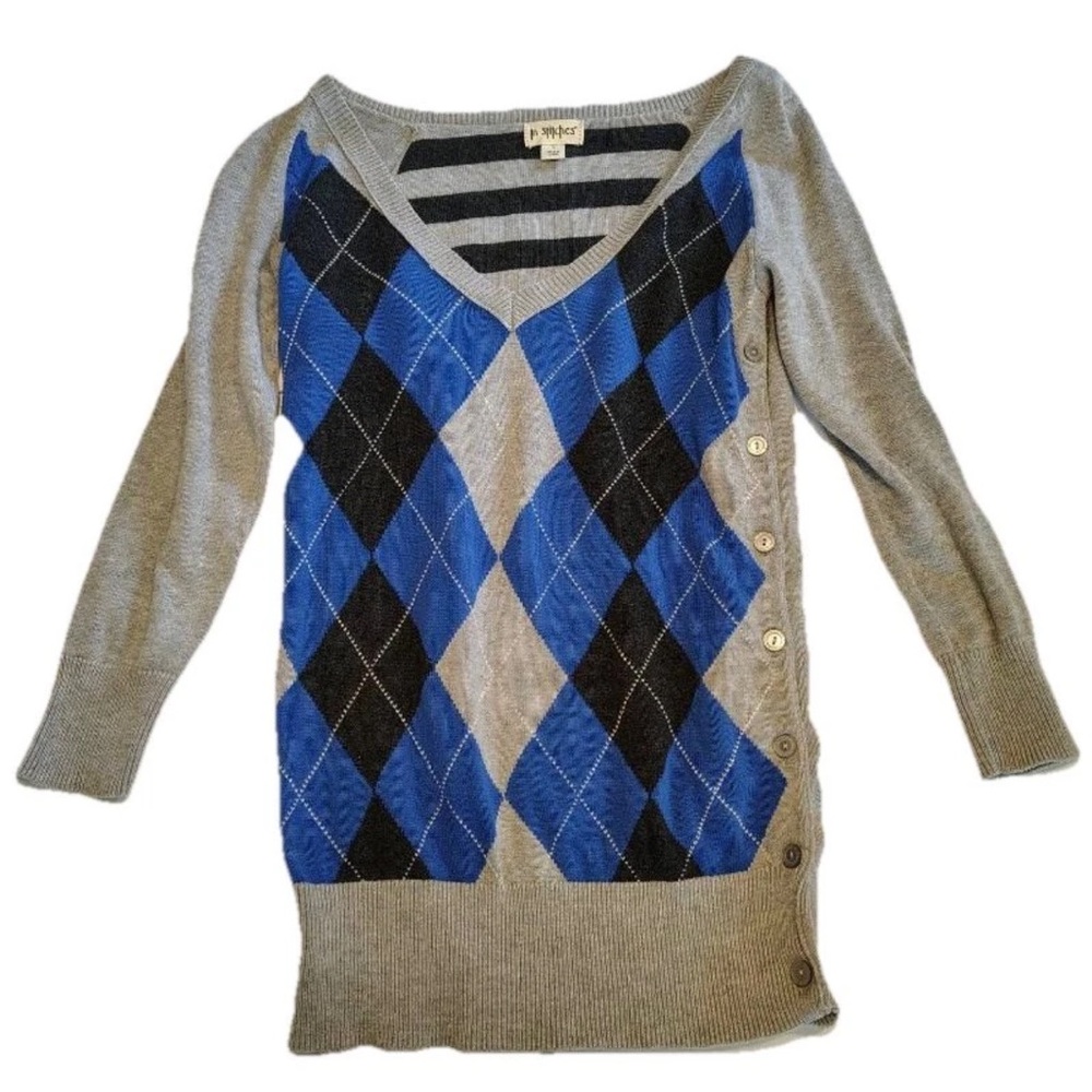 In Stitches VNeck Argyle Sweater Blue Black Buttoned Side Cotton Preppy Women S